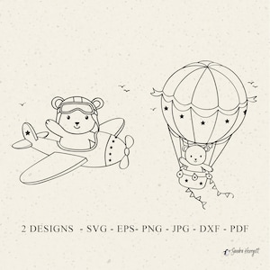 Conjunto de 2 archivos de imágenes prediseñadas de osito de peluche Svg, archivo de corte de animal caprichoso, archivo de corte de oso lindo, Cricut de oso, taza de avión de oso Svg, camisa de globo Svg