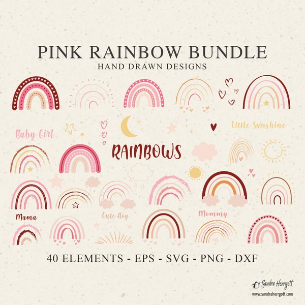 Warm Pink Rainbow Svg Bundle - Cute Rainbow Cut Files, Rainbow Icons, Doodle Dxf, Png, Eps, Rainbow Cricut Clipart, Mug, Shirt Svg, Monogram