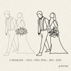 Archivo de trazador de pareja de novios Svg Dxf Png Jpg Novia Novio Cricut Vestido Silueta Boda Contorno Clipart Archivo de corte de vinilo Arte lineal Plantilla DIY