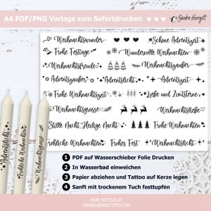 May include: A4 PDF/PNG template with Christmas-themed SVG designs. The sheet features festive phrases in script, such as "Weihnachtswunder" and "Frohe Weihnachten." Three cream candles are in the foreground, each with a Christmas word.