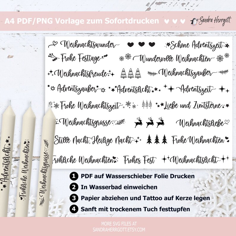 May include: A4 PDF/PNG template with Christmas-themed SVG designs. The sheet features festive phrases in script, such as "Weihnachtswunder" and "Frohe Weihnachten." Three cream candles are in the foreground, each with a Christmas word.