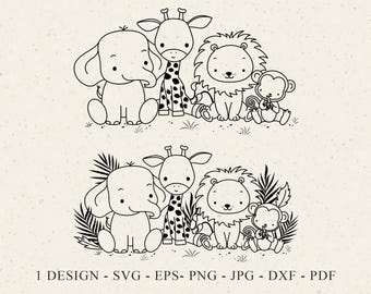 Safari Animal Plotter File Svg Dxf Png Pdf Eps Jungle Cricut Giraffe Silhouette Lion Stencil Monkey Clipart Elephant Vinyl Laser Cut File