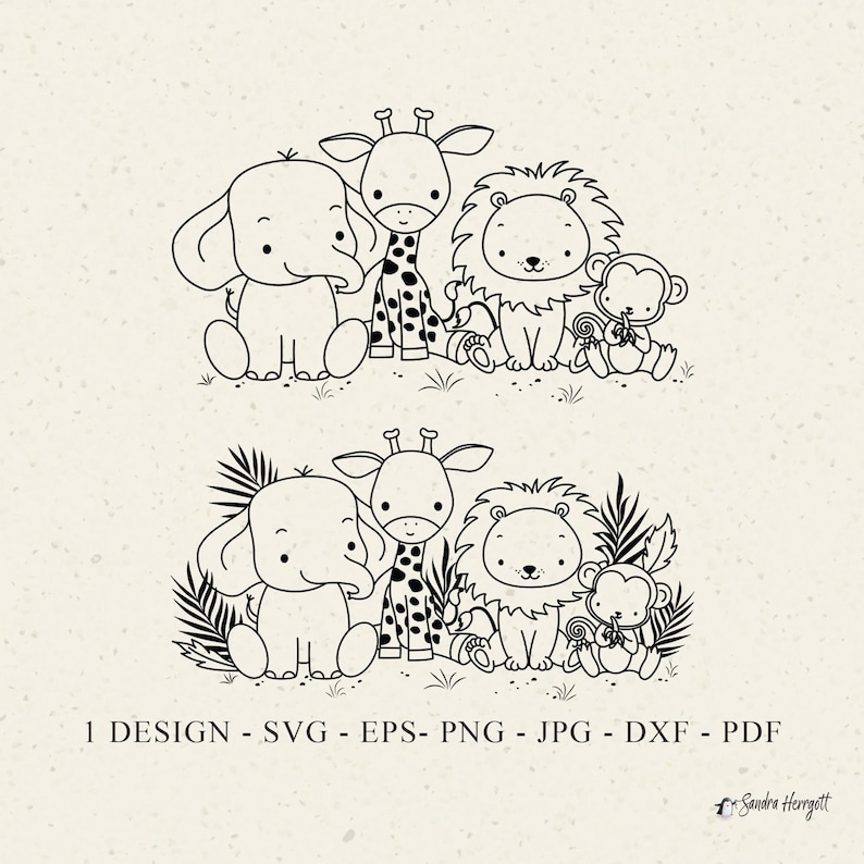 May include: Black and white line art illustration of a group of jungle animals including a giraffe, elephant, lion, and monkey. The animals are all facing forward and have a friendly expression.