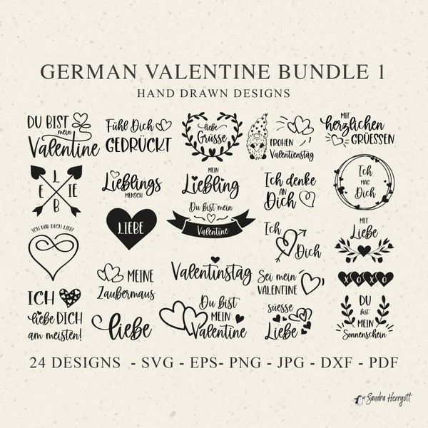 German Valentine Plotter Files SVG DXF PNG Wreath Herz Banner Gnome Cricut Silhouette Plotting Bundle Clipart Liebe Ich mag Dich Liebling