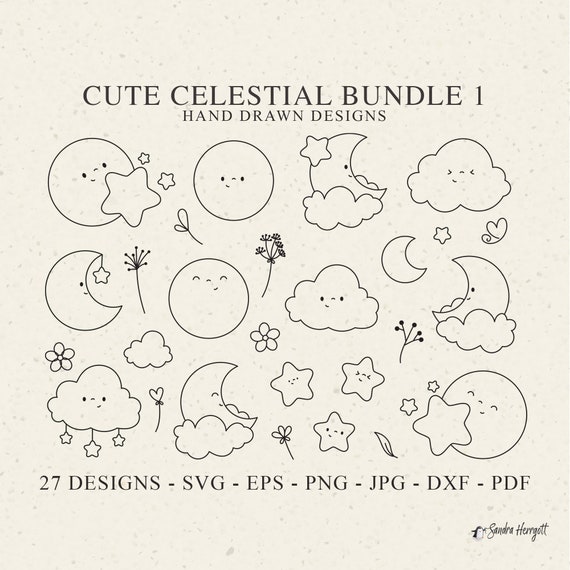 Cute Celestial Moon Star Plotter File Svg Dxf Png Pdf Jpg Heart Cricut Silhouette Vinyl Laser Cut File Nursery Monogram DIY Stencil Template