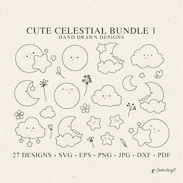 Cute Celestial Moon Star Plotter File Svg Dxf Png Pdf Jpg Heart Cricut Silhouette Vinyl Laser Cut File Nursery Monogram DIY Stencil Template