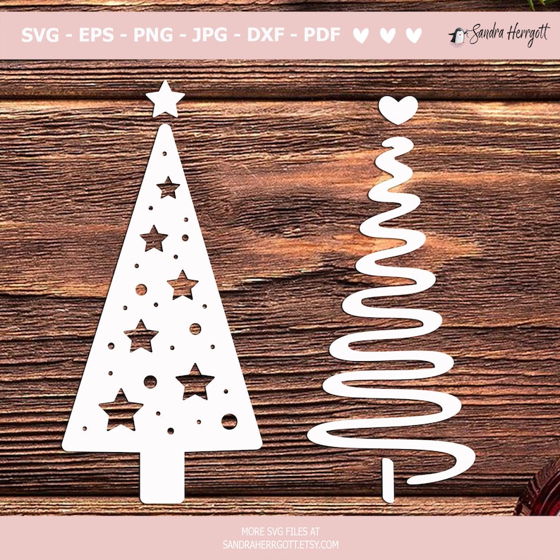 May include: Two white Christmas tree cutouts on a wood background. The tree on the left has a star on top and is decorated with stars and dots. The tree on the right is a simple, wavy line with a heart on top.