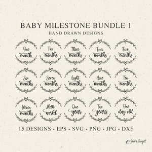 Fichiers Jalon bébé traceur SVG DXF PNG Feuilles Couronne de laurier coeur Silhouette Cricut traçage Bundle Joli bébé tours jalon coupe fichier
