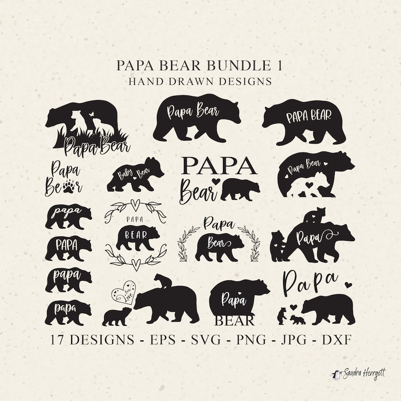 May include: A collection of 17 hand-drawn black bear designs, including the words "Papa Bear" and "Baby Bear". The designs are available in EPS, SVG, PNG, JPG, and DXF formats. The designs include bears with hearts and bear cubs.