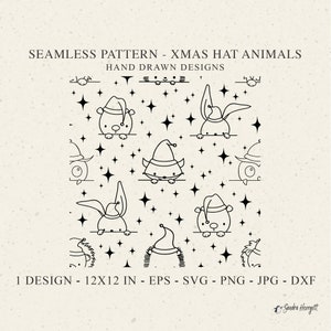 Chapéu de Natal Padrão Animal Sem Costura Svg Dxf Png Fundo de Inverno Arquivo Plotter Papel de Parede de Natal Coruja Arquivo de Corte de Vinil Bebê Raposa Urso Coelho Leão