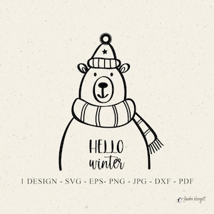 Può includere: Illustrazione in bianco e nero di un orso con cappello e sciarpa invernali. Il testo "HELLO winter" è sotto l'orso. L'immagine include anche le opzioni di formato file: SVG, EPS, PNG, JPG, DXF e PDF.