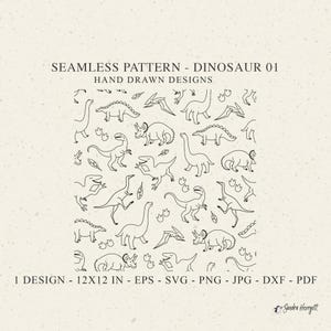 Op de afbeelding: Een naadloos patroonontwerp met handgetekende dinosaurussen in zwarte contouren op een crèmekleurige achtergrond. De tekst bovenaan luidt "SEAMLESS PATTERN - DINOSAUR 01 HAND DRAWN DESIGNS". Het ontwerp is 30,48 x 30,48 cm.
