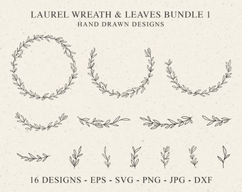 Laurel Wreath & Leaf Svg Bundle Botanical Plotter File SVG DXF PNG Wedding Cricut Frame Silhouette Greenery Clipart Branch Vinyl Cut File