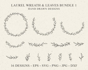 Lorbeerkranz & Blatt SVG Bundle Botanische Plotterdatei SVG DXF PNG Hochzeit Cricut Rahmen Silhouette Greenery Clipart Zweig Vinyl Cut File