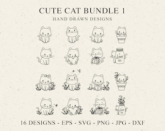 May include: A set of 16 black and white hand-drawn illustrations of cute cats in various poses. The cats are holding hearts, gifts, flowers, and jars that say "Love You".