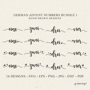 Könnte beinhalten: Ein Set mit 16 handgezeichneten deutschen Adventszahlen, darunter "eins", "zwei", "drei" und "vier", in vier verschiedenen Stilen. Die Zahlen sind in schwarzer Kursivschrift geschrieben und eignen sich perfekt zum Basteln und Dekorieren.