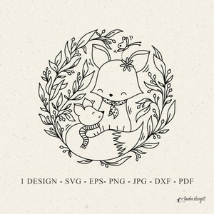 Maman renarde et ourson couronne fichier Svg Dxf Jpg Png Pdf automne Cricut Silhouette animale automne Clipart vinyle découpé au laser fichier Berry botanique feuille