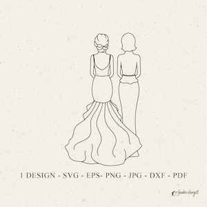 Archivo de trazador de novia y mamá Svg Dxf Png Jpg Eps Pdf Volver Cricut Vestido Silueta Boda Contorno Clipart Vinilo Archivo de corte láser Arte lineal Dama