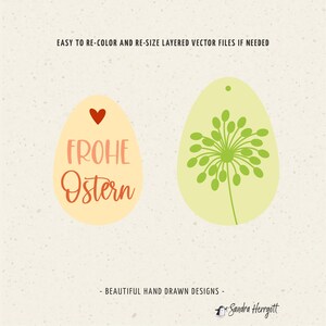 May include: Two Easter egg-shaped designs. One is light yellow with the words "FROHE Ostern" in red and a small red heart. The other is light green with a green floral design. Text at the top says "EASY TO RE-COLOR AND RE-SIZE LAYERED VECTOR FILES IF NEEDED".