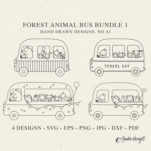 May include: A digital graphic set titled FOREST ANIMAL BUS BUNDLE 1 HAND DRAWN DESIGNS, NO AI. It features four black and white line art illustrations of buses filled with various forest animals. The text 4 DESIGNS - SVG - EPS - PNG - JPG - DXF - PDF appears at the bottom.