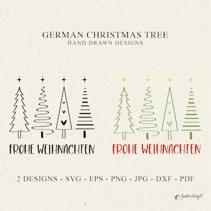 Może przedstawiać: Cyfrowy projekt z ręcznie rysowanymi niemieckimi choinkami w kolorze czarnym i zielonym. Tekst "FROHE WEIHNACHTEN" jest wyświetlany pod drzewami. Projekt zawiera różne formaty plików, takie jak SVG, EPS, PNG, JPG, DXF i PDF.
