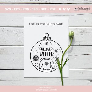 Op de afbeelding: Zwart-witte lijntekening van een kerstbal met de tekst "PULLOVER-WETTER" en een trui-ontwerp. De afbeelding is gelabeld "USE AS COLORING PAGE" en bevat informatie over bestandstypen: SVG, EPS, PNG, JPG, DXF en PDF.