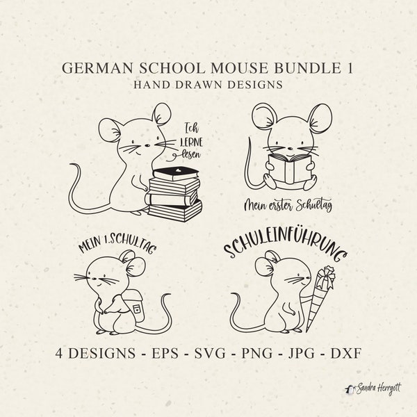 German School Mouse Plotter File SVG DXF PNG Book Cricut Silhouette Cute Reading Clipart Baby Animal Cut File Schuleinführung