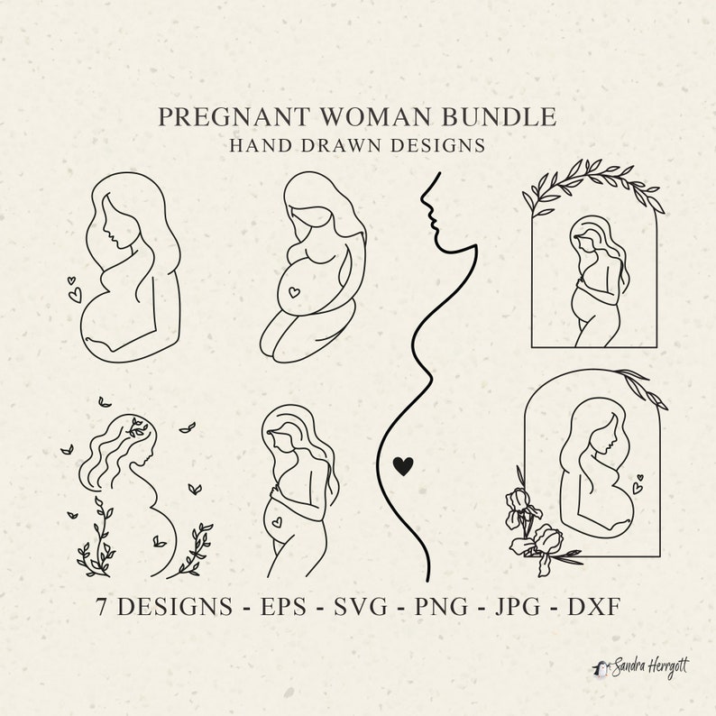 Pu&ograve; includere: Un set di sette disegni in bianco e nero di donne incinte in varie pose. I disegni sono semplici ed eleganti e sarebbero perfetti per l'uso in una variet&agrave; di progetti, come biglietti d'auguri, inviti o grafica per i social media. Il testo "PREGNANT WOMAN BUNDLE" e "HAND DRAWN DESIGNS" &egrave; nella parte superiore dell'immagine. Il testo "7 DESIGNS - EPS - SVG - PNG - JPG - DXF" &egrave; nella parte inferiore dell'immagine.
