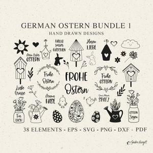 German Ostern Plotter File SVG DXF PNG Spring Bunny Chick Heart Botanical Wreath Cricut Silhouette Download Plotting Bundle Bird House