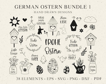 German Ostern Plotter File SVG DXF PNG Spring Bunny Chick Heart Botanical Wreath Cricut Silhouette Download Plotting Bundle Bird House