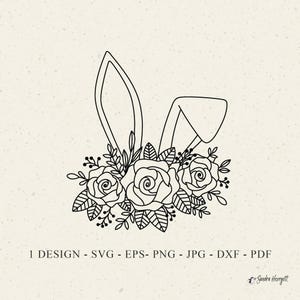 Fichier de traceur Rose Bunny Lop oreille Svg Dxf Png Jpg Eps Pdf botanique Cricut Pâques Silhouette lapin fleur Clipart floral vinyle découpé au laser fichier