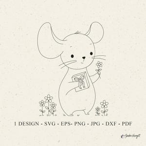 May include: A black and white line art illustration of a mouse holding a small gift box and a single flower, surrounded by several small flowers. The text below reads 1 DESIGN - SVG - EPS - PNG - JPG - DXF - PDF and Sandra Herrgott.