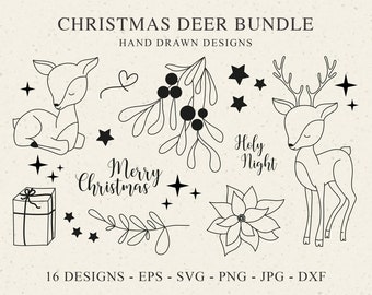Christmas Deer Svg Bundle, cute PNG clipart, Cricut cut files, Silhouette files, Woodland Creature, Animals, Reindeer set, Mistletoe DXF Eps