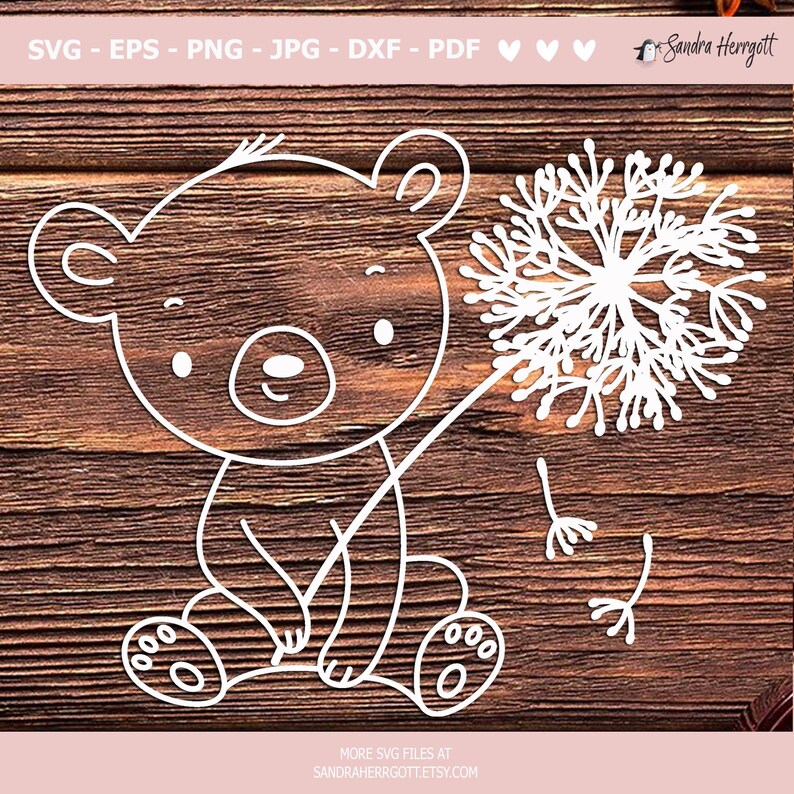 May include: A white line drawing of a bear sitting and holding a dandelion. The bear has a happy expression and is wearing a simple, cartoonish style. The dandelion is fully bloomed and has a few seeds floating away.