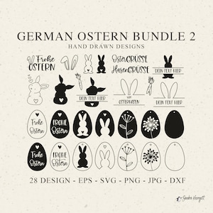 German Ostern Plotter File SVG DXF PNG Spring Bunny Heart Botanical Egg Cricut Silhouette Download Plotting Bundle Tags Name Split Clipart