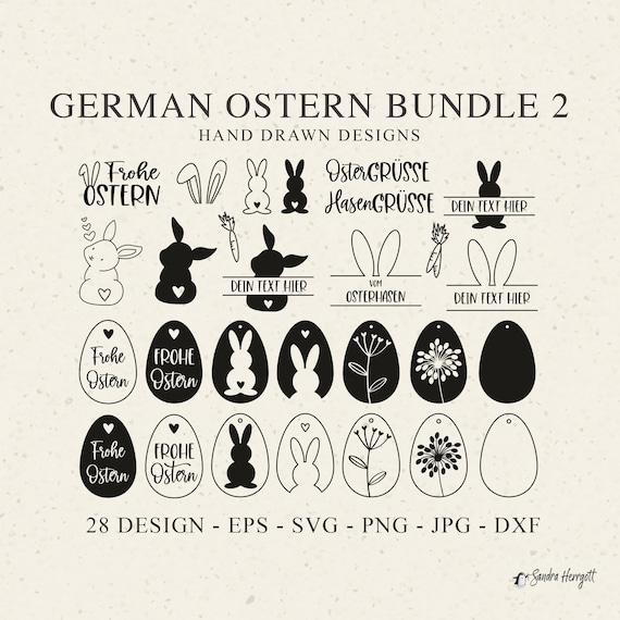 German Ostern Plotter File SVG DXF PNG Spring Bunny Heart Botanical Egg Cricut Silhouette Download Plotting Bundle Tags Name Split Clipart