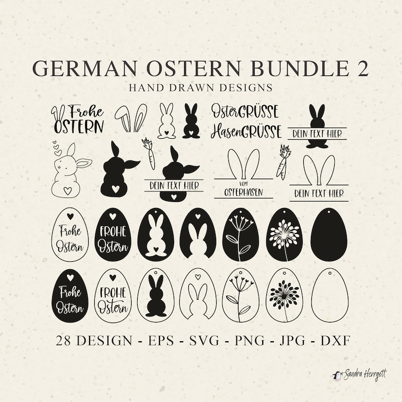 German Ostern Plotter File SVG DXF PNG Spring Bunny Heart Botanical Egg Cricut Silhouette Download Plotting Bundle Tags Name Split Clipart image 1