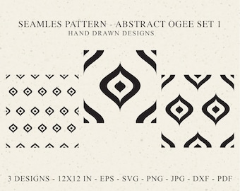 May include: A digital collection of three seamless patterns featuring black abstract ogee shapes on a cream background. The text reads: SEAMLES PATTERN - ABSTRACT OGEE SET 1 HAND DRAWN DESIGNS. 3 DESIGNS - 12X12 IN - EPS - SVG - PNG - JPG - DXF - PDF.
