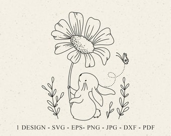 Cute Bunny holding Daisy Flower Plotter File Svg Dxf Png Pdf Jpg Botanical Cricut Floral Silhouette Baby Animal Clipart Vinyl Laser Cut File