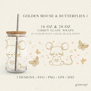 Goldene Maus LIBBEY GLAS SVG Png 16 oz 20 oz Boho Dose Glas Tasse Full Wrap SVG Design Cut File für Cricut Silhouette niedliches Tier Farbe bw
