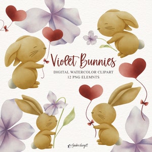 Violette Kaninchen Aquarell Clipart Datei für Sublimation, Kaninchen kleine Tiere Blume Kinderzimmer Kunst Blumen Baby-Dusche Digital Craft Kid