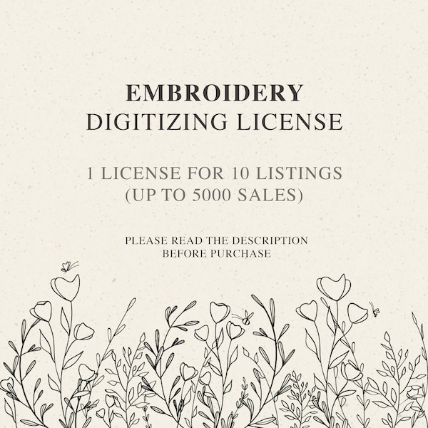 Embroidery license add-on for Digitizing of SVG or Clip Art files | Commercial Use License for Digital Embroidery Files | For 10 Listing
