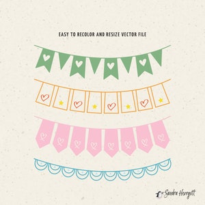 May include: Four different styles of bunting with hearts and stars. The bunting is in green, orange, pink and blue.