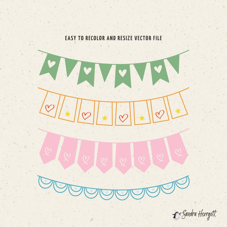 May include: Four different styles of bunting with hearts and stars. The bunting is in green, orange, pink and blue.
