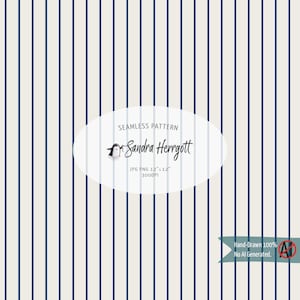 May include: A seamless pattern design featuring vertical navy blue stripes on a cream background. The design includes the text "SEAMLESS PATTERN" and the name "Sandra Herrgott". The image also states "Hand-Drawn 100% No AI Generated."