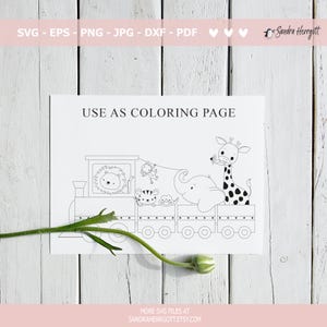 May include: Black and white line drawing of a train carrying various zoo animals, including a lion, monkey, tiger, elephant, and giraffe. The text "USE AS COLORING PAGE" is printed above the illustration.