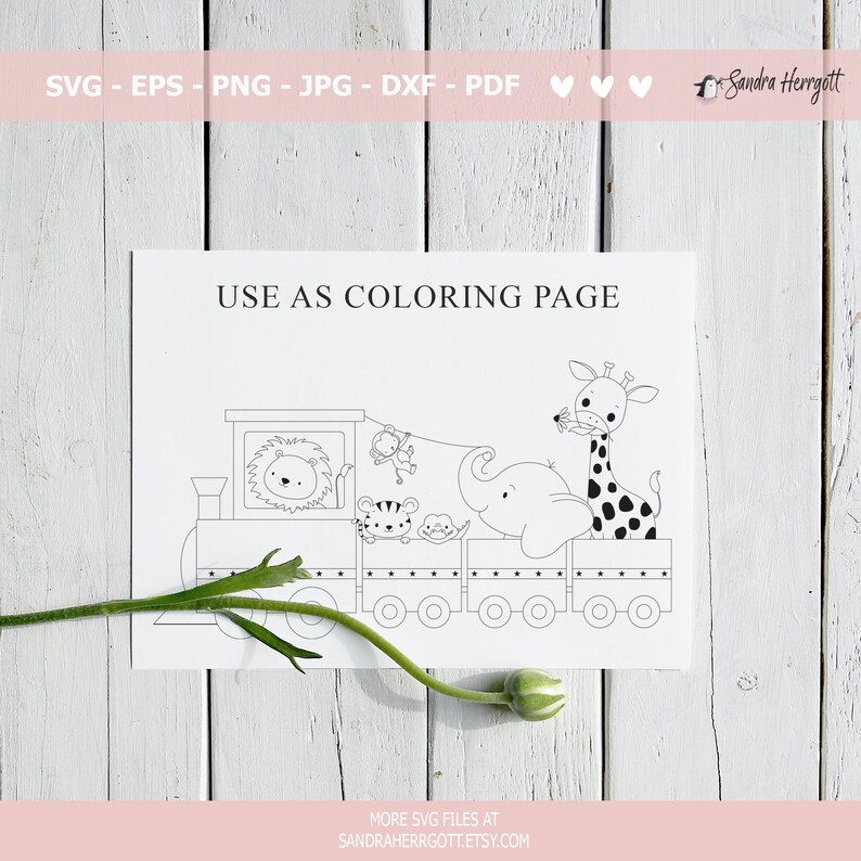 May include: Black and white line drawing of a train carrying various zoo animals, including a lion, monkey, tiger, elephant, and giraffe. The text "USE AS COLORING PAGE" is printed above the illustration.
