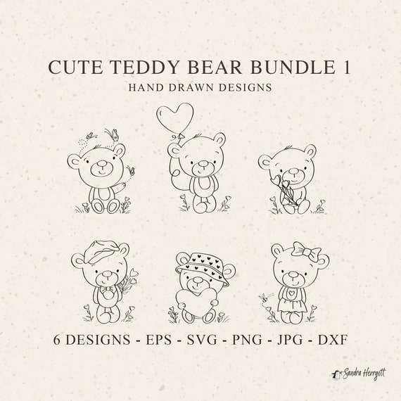 Cute Teddy Bear Plotter File SVG DXF PNG Baby Animal Cricut Silhouette Download Plotting Bundle Whimsical Clipart Set Boy Girl Heart Balloon