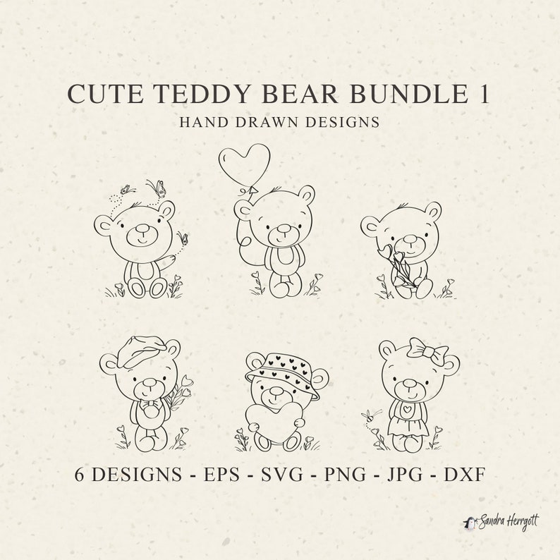 May include: A set of six hand-drawn illustrations of cute teddy bears in various poses. The bears are holding hearts, flowers, and balloons. The illustrations are in black and white and are perfect for use in digital scrapbooking, card making, and other craft projects.