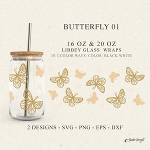 Goldener Schmetterling LIBBEY GLAS SVG 16 & 20 oz Boho Minimalist Tier Can Cup Wrap Design Cut File für Cricut Silhouette Cute Insekt Pattern